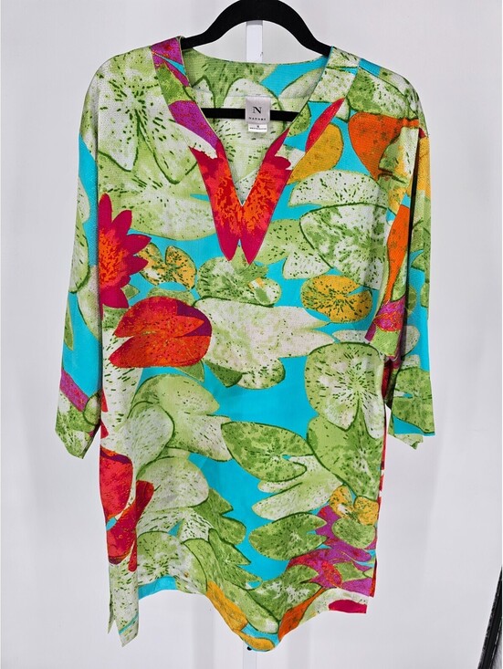 Natori Dresses & Skirts - Natori Womens Sz M Tunic Dress Knee Length Lily pad Floral Print Green Pink
